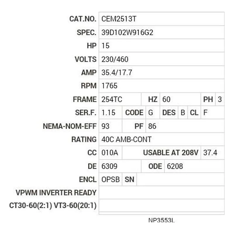 CEM2513T Baldor 15 HP, 1765 RPM, 3 PH, 60 HZ, 254TC, 3938M, OPSB, F Motor Nameplate - view 2