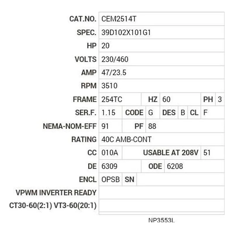 CEM2514T Baldor 20 HP, 3510 RPM, 3 PH, 60 HZ, 254TC, 3928M, OPSB, F Motor Nameplate - view 2