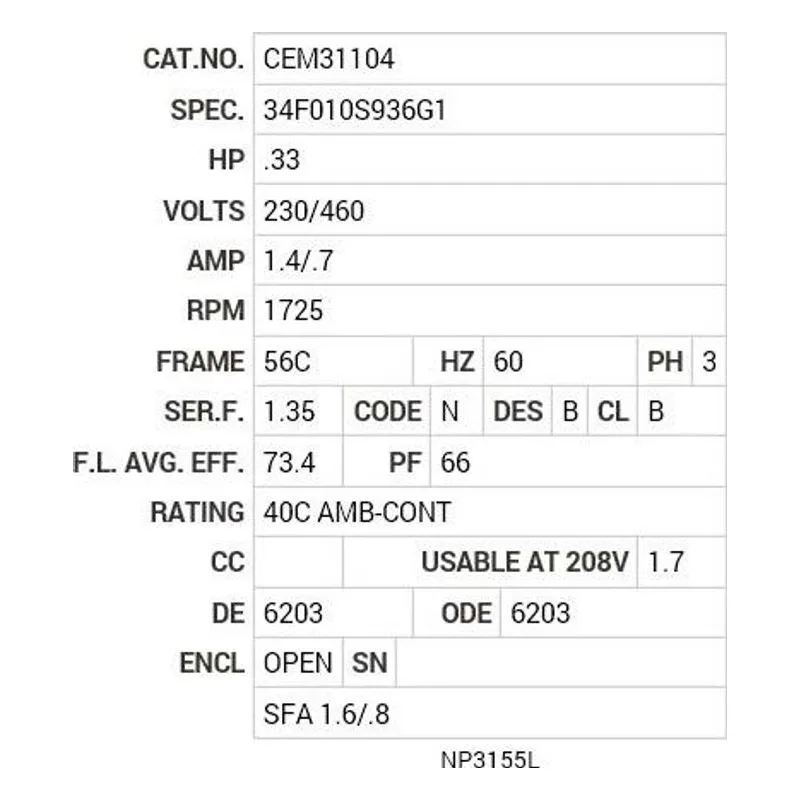 CEM31104 Baldor .33 HP, 1725 RPM, 3 PH, 60 HZ, 56C, 3416M, OPEN, F1 Motor Nameplate - view 2