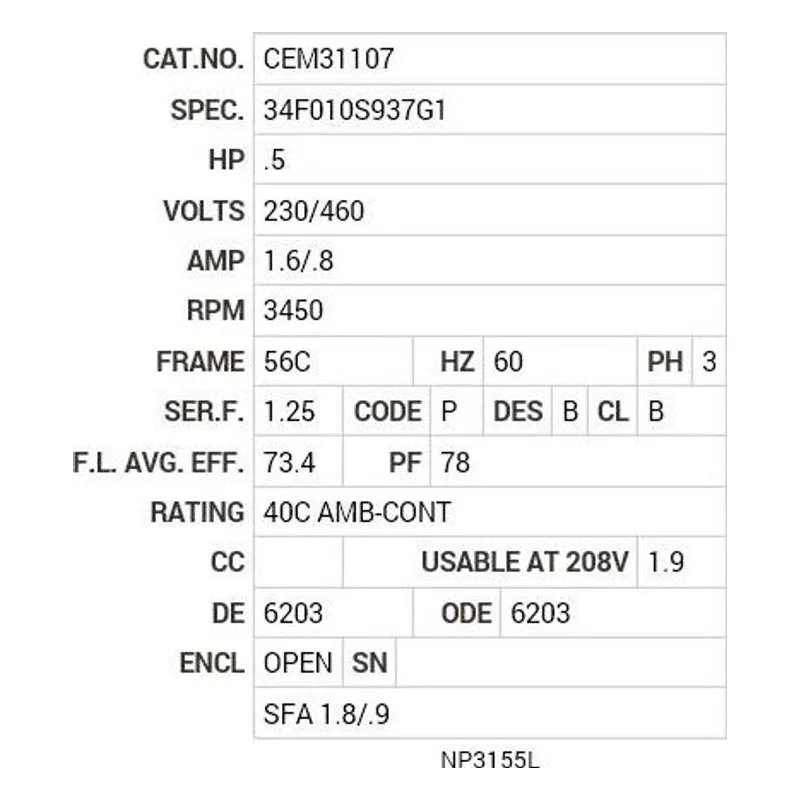CEM31107 Baldor .5 HP, 3450 RPM, 3 PH, 60 HZ, 56C, 3416M, OPEN, F1 Motor Nameplate - view 2