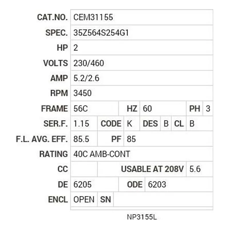 CEM31155 Baldor 2 HP, 3450 RPM, 3 PH, 60 HZ, 56C, 3524M, OPEN, F1, N Motor Nameplate - view 2