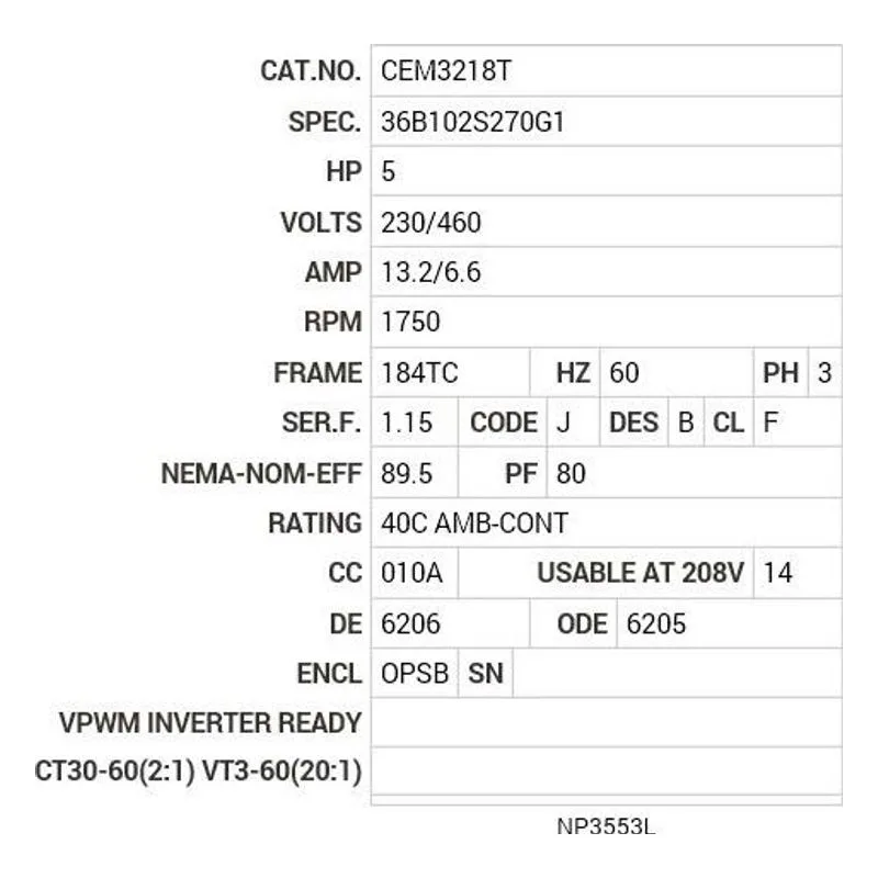 CEM3218T Baldor 5 HP, 1750 RPM, 3 PH, 60 HZ, 184TC, 3640M, OPSB, F1 Motor Nameplate - view 2