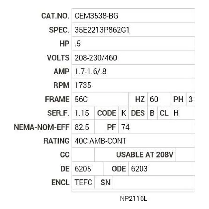 CEM3538-BG Baldor .5 HP, 1735 RPM, 3 PH, 60 HZ, 56C, 3513M, TEFC, F1 Motor Nameplate - view 2