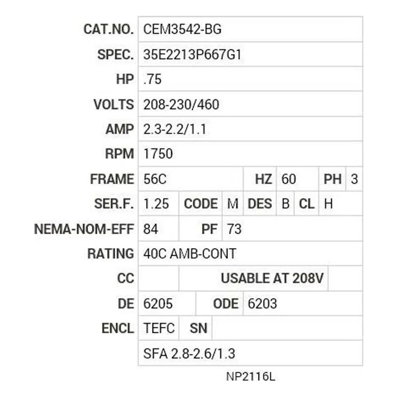 CEM3542-BG Baldor .75 HP, 1750 RPM, 3 PH, 60 HZ, 56C, 3517M, TEFC, F1 Motor Nameplate - view 2