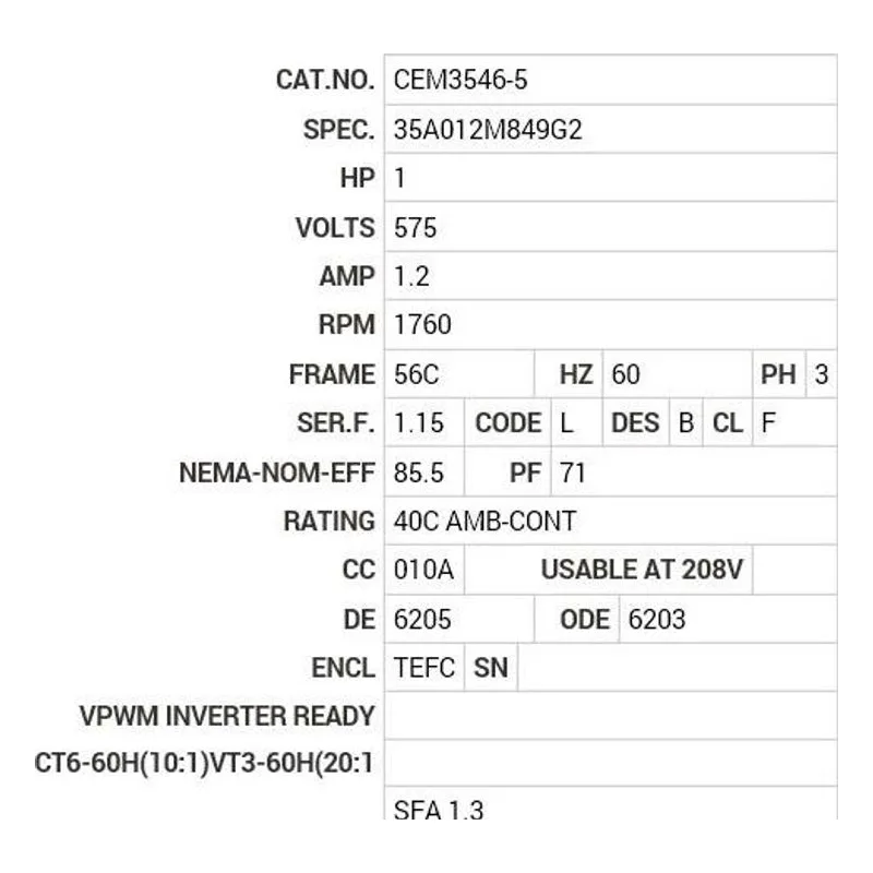 CEM3546-5 Baldor 1 HP, 1760 RPM, 3 PH, 60 HZ, 56C, 3519M, TEFC, F1, N Motor Nameplate - view 2