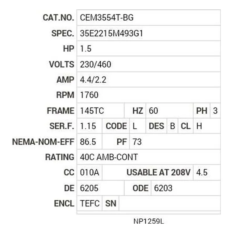 CEM3554T-BG Baldor 1.5 HP, 1760 RPM, 3 PH, 60 HZ, 145TC, 3526M, TEFC Motor Nameplate - view 2