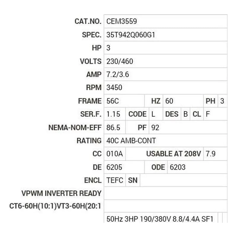 CEM3559 Baldor 3 HP, 3450 RPM, 3 PH, 60 HZ, 56C, 3532M, TEFC, F1, N Motor Nameplate - view 2
