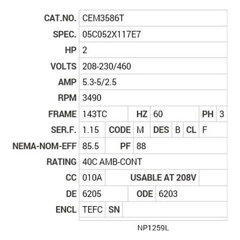 CEM3586T Baldor 2 HP, 3490 RPM, 3 PH, 60 HZ, 143TC, 0526M, TEFC, F1 Motor Nameplate - view 2