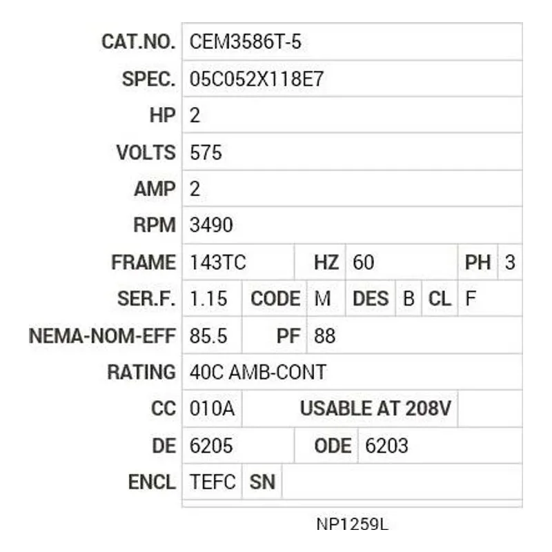 CEM3586T-5 Baldor 2 HP, 3490 RPM, 3 PH, 60 HZ, 0526M, N Motor Nameplate - view 2