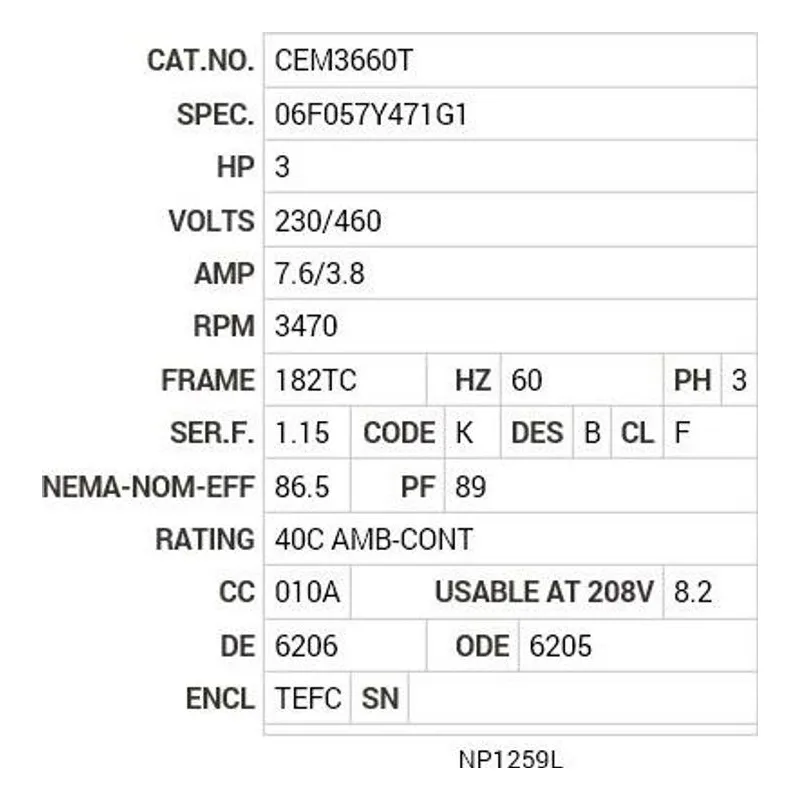 CEM3660T Baldor 3 HP, 3470 RPM, 3 PH, 60 HZ, 182TC, 0620M, TEFC, F1 Motor Nameplate - view 2