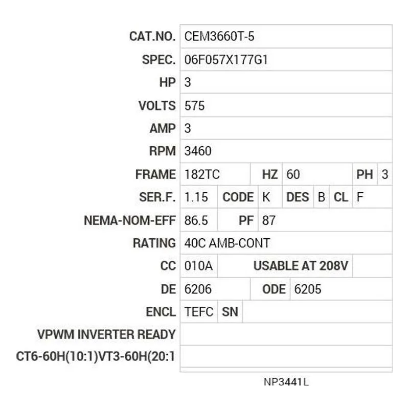 CEM3660T-5 Baldor 3 HP, 3460 RPM, 3 PH, 60 HZ, 182TC, 0619M, TEFC, F1 Motor Nameplate - view 2