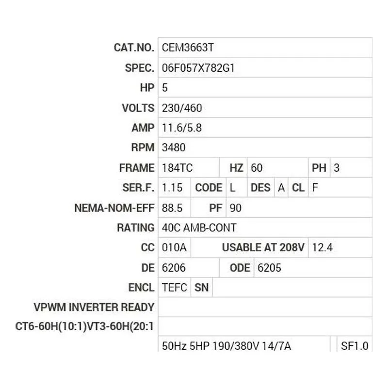 CEM3663T Baldor 5 HP, 3480 RPM, 3 PH, 60 HZ, 184TC, 0628M, TEFC, F1 Motor Nameplate - view 2