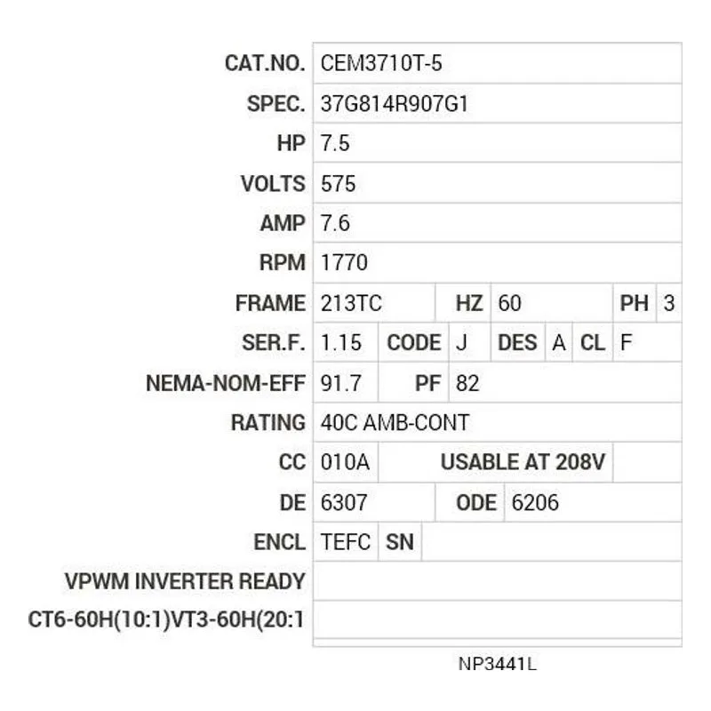 CEM3710T-5 Baldor 7.5 HP, 1770 RPM, 3 PH, 60 HZ, 213TC, 3738M, TEFC Motor Nameplate - view 2