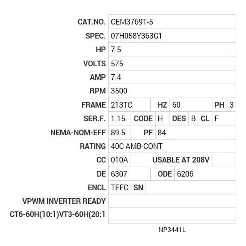 CEM3769T-5 Baldor 7.5 HP, 3500 RPM, 3 PH, 60 HZ, 213TC, 0724M, TEFC Motor Nameplate - view 2