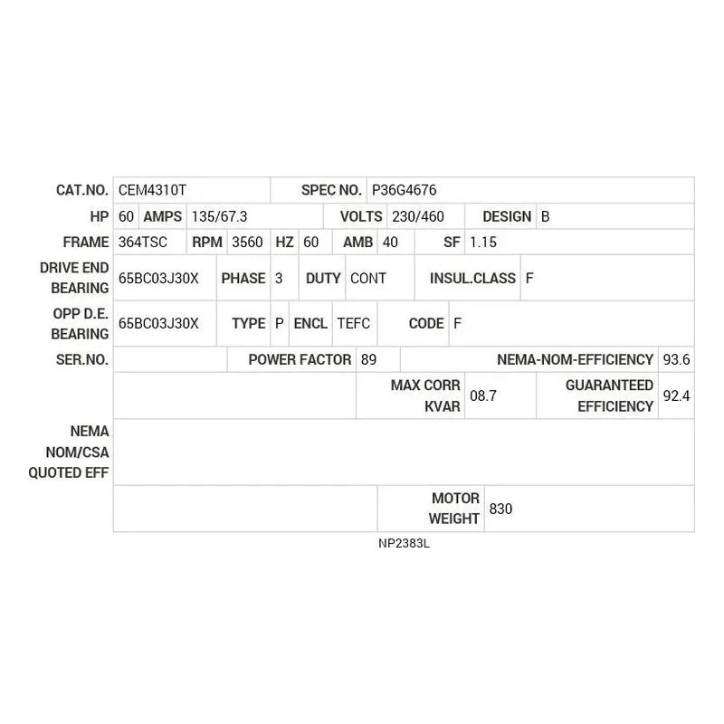 CEM4310T Baldor 60 HP, 3550 RPM, 3 PH, 60 HZ, 364TSC, TEFC Motor Nameplate - view 2