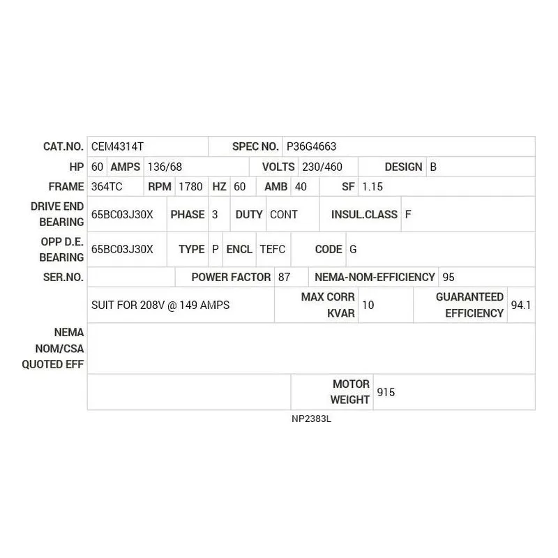 CEM4314T Baldor 60 HP, 1780 RPM, 3 PH, 60 HZ, 364TC, 1462M, TEFC Motor Nameplate - view 2