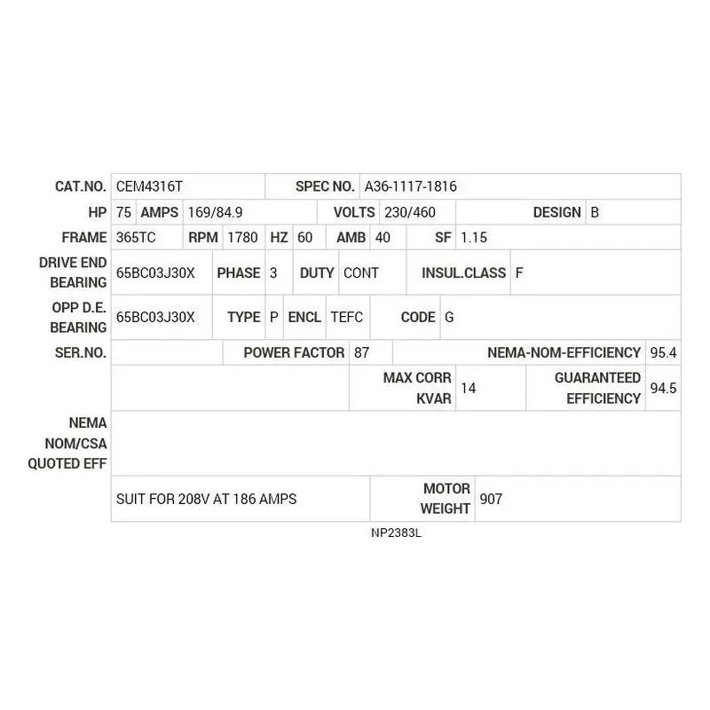 CEM4316T Baldor 75 HP, 1780 RPM, 3 PH, 60 HZ, 365TC, A36068M, TEFC Motor Nameplate - view 2