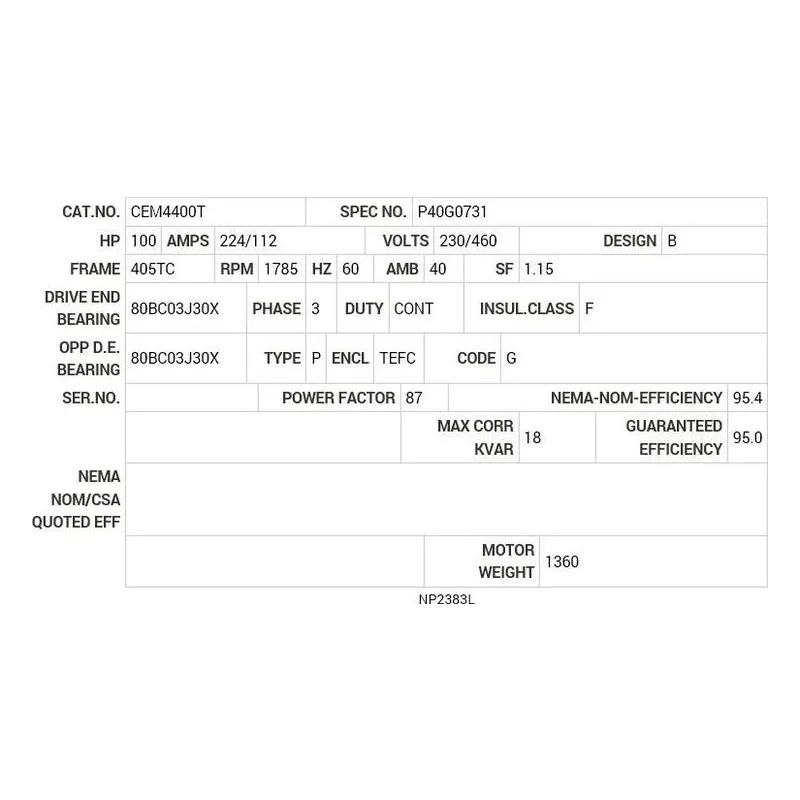 CEM4400T Baldor 100 HP, 1780, 3 PH, 60 HZ, 405TC, M400MAG, TEFC Motor Nameplate - view 2