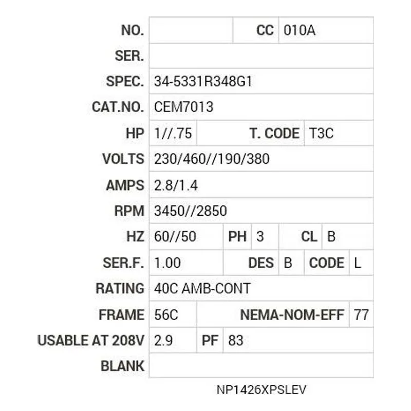 CEM7013 Baldor 1//.75 HP, 3450//2850 RPM, 3 PH, 60//50 HZ, 56C Motor Nameplate - view 2