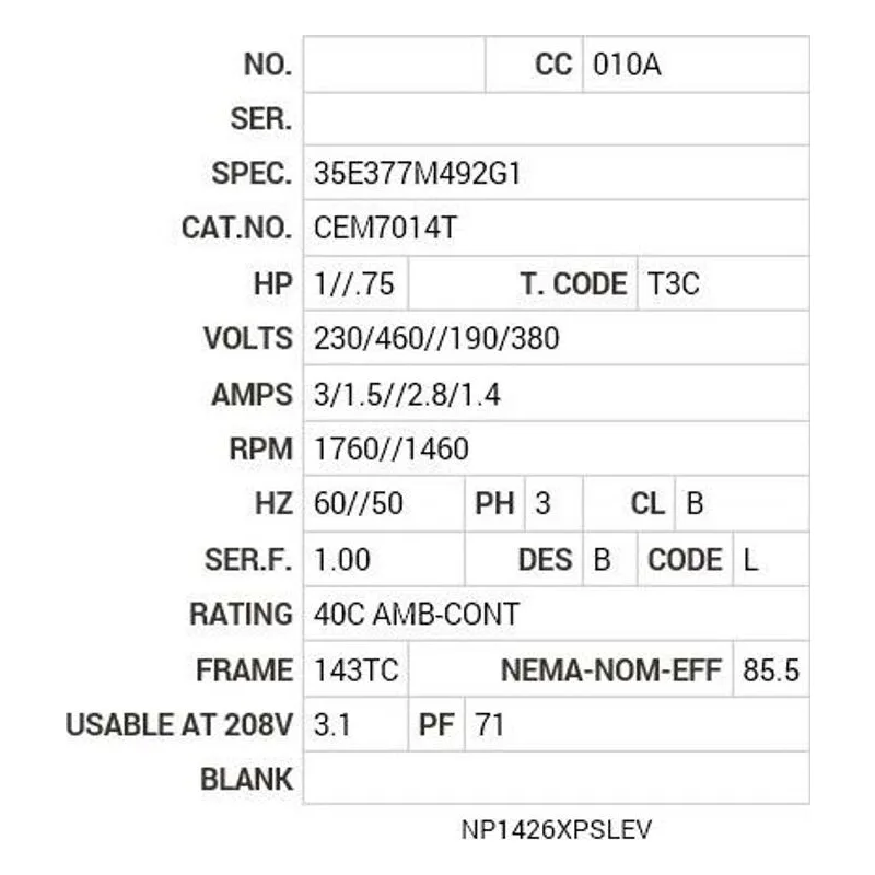 CEM7014T Baldor 1//.75 HP, 1760//1460 RPM, 3 PH, 60//50 HZ, 143T Motor Nameplate - view 2