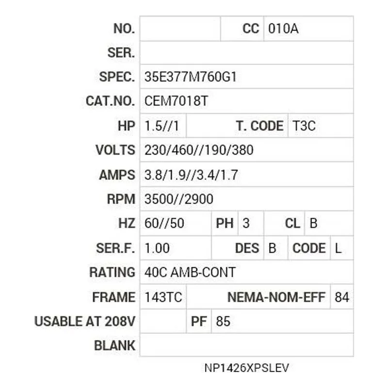CEM7018T Baldor 1.5//1 HP, 3500//2900 RPM, 3 PH, 60//50 HZ, 143T Motor Nameplate - view 2