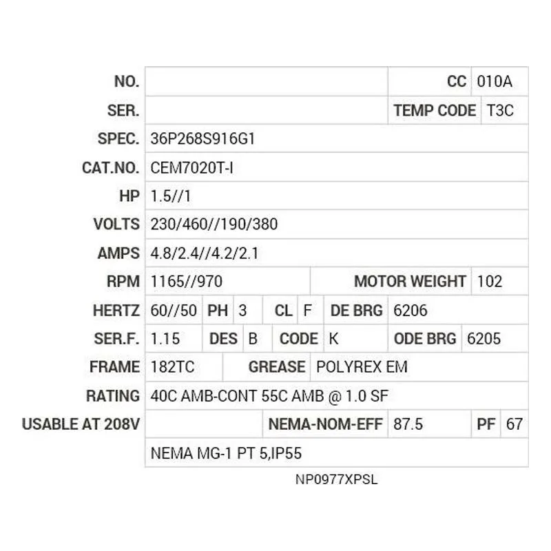 CEM7020T-I Baldor 1.5//1 HP, 1165//970 RPM, 3 PH, 60//50 HZ, 182TC Motor Nameplate - view 2