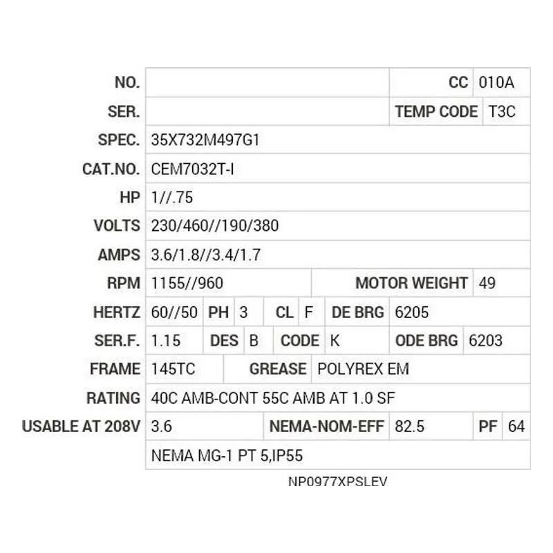 CEM7032T-I Baldor 1//.75 HP, 1155//960 RPM, 3 PH, 60//50 HZ, 145TC Motor Nameplate - view 2