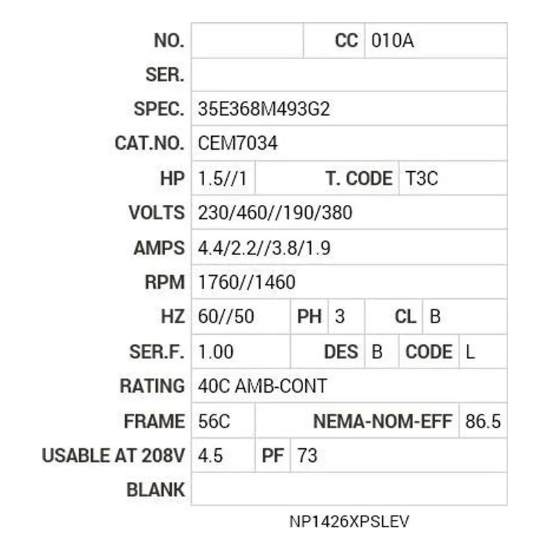 CEM7034 Baldor 1.5//1 HP, 1760//1460 RPM, 3 PH, 60//50 HZ, 56C Motor Nameplate - view 2