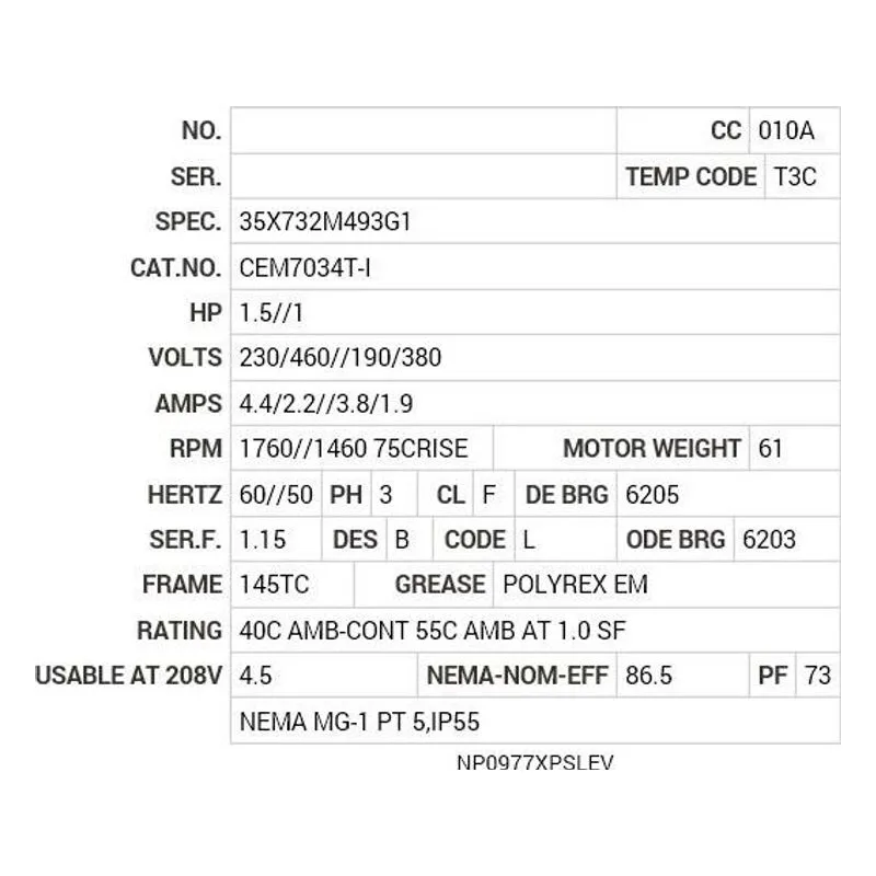 CEM7034T-I Baldor 1.5//1 HP, 1760//1460 RPM, 3 PH, 60//50 HZ, 145T Motor Nameplate - view 2