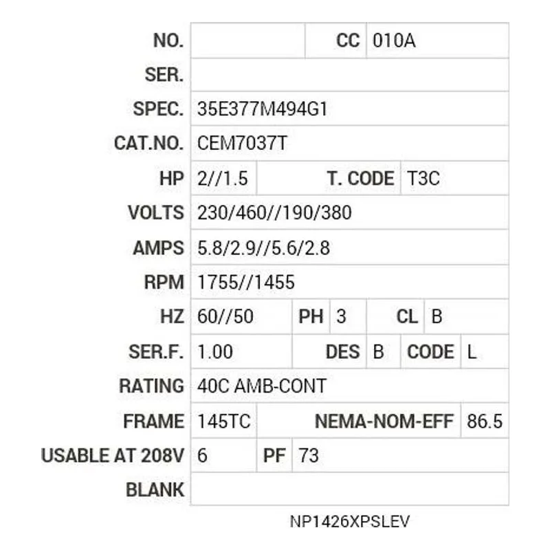 CEM7037T Baldor 2//1.5 HP, 1755//1455 RPM, 3 PH, 60//50 HZ, 145T Motor Nameplate - view 2