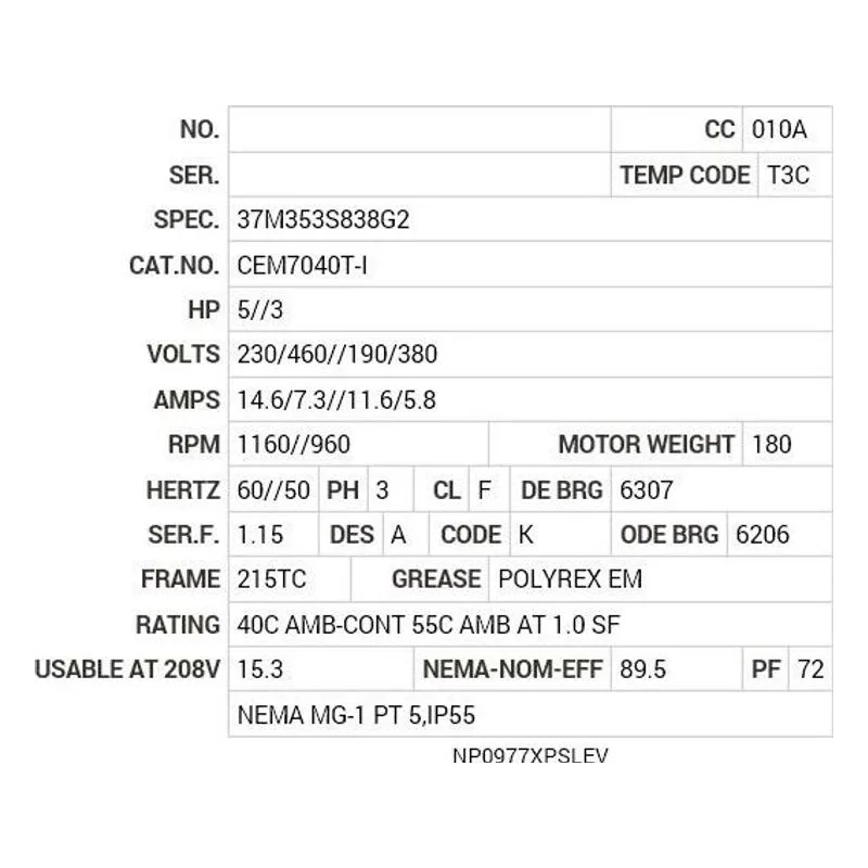 CEM7040T-I Baldor 5//3 HP, 1160//960 RPM, 3 PH, 60//50 HZ, 215TC, 3 Motor Nameplate - view 2
