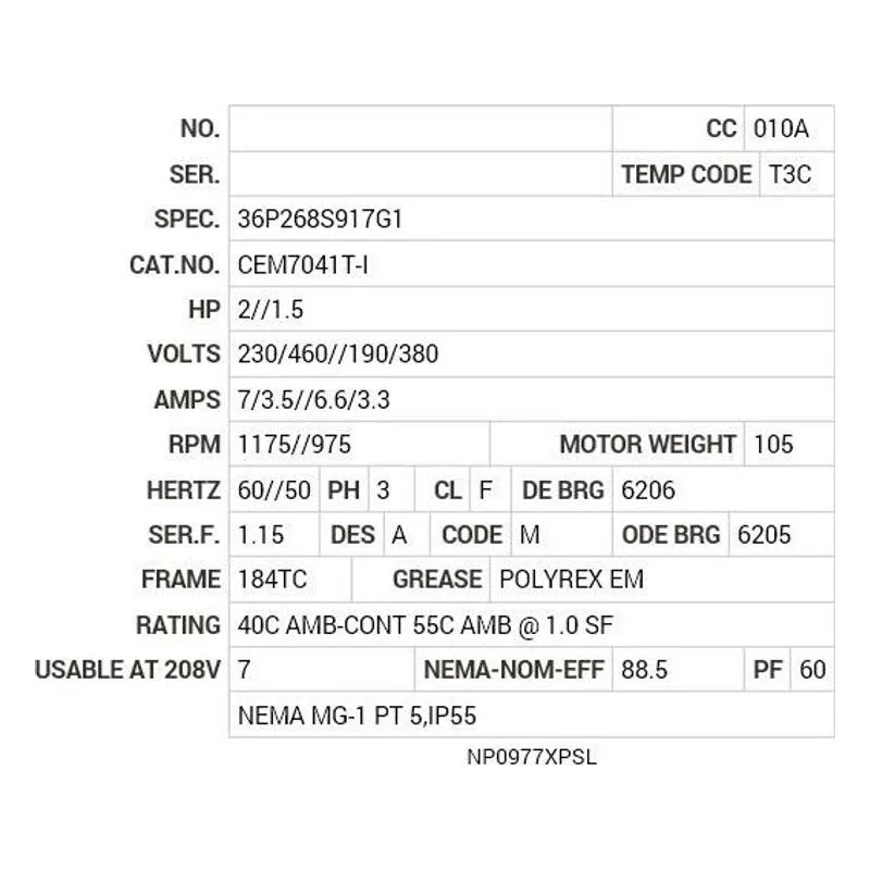CEM7041T-I Baldor 2//1.5 HP, 1175//975 RPM, 3 PH, 60//50 HZ, 184TC Motor Nameplate - view 2