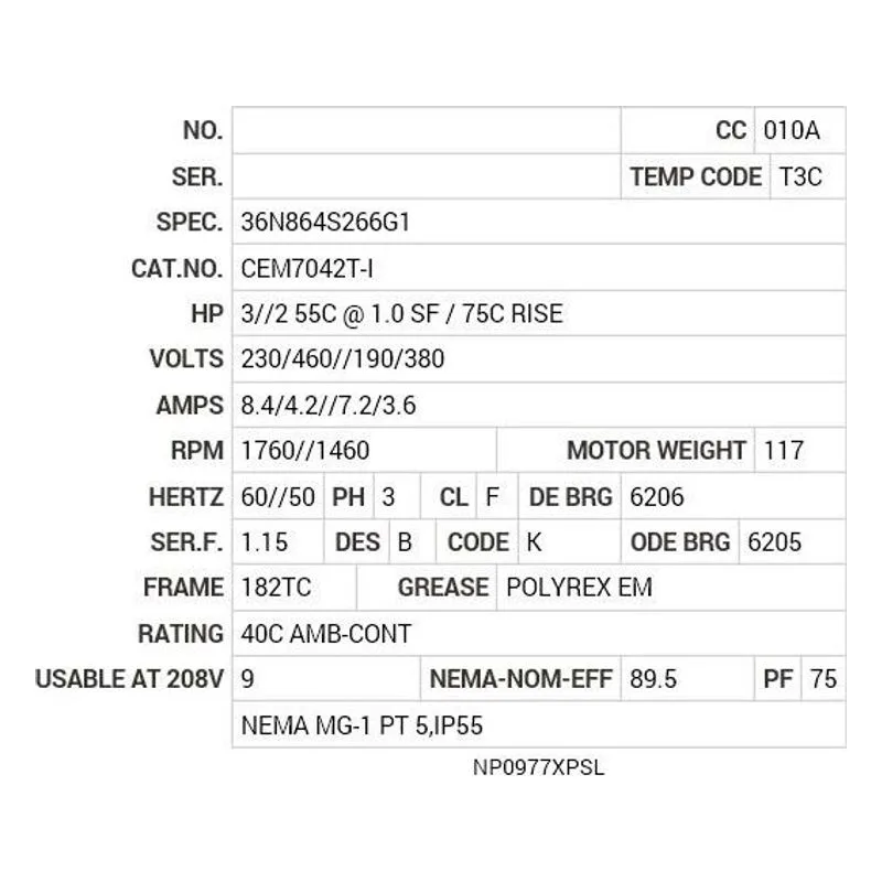 CEM7042T-I Baldor 3//2 HP, 1760//1460 RPM, 3 PH, 60//50 HZ, 182TC Motor Nameplate - view 2