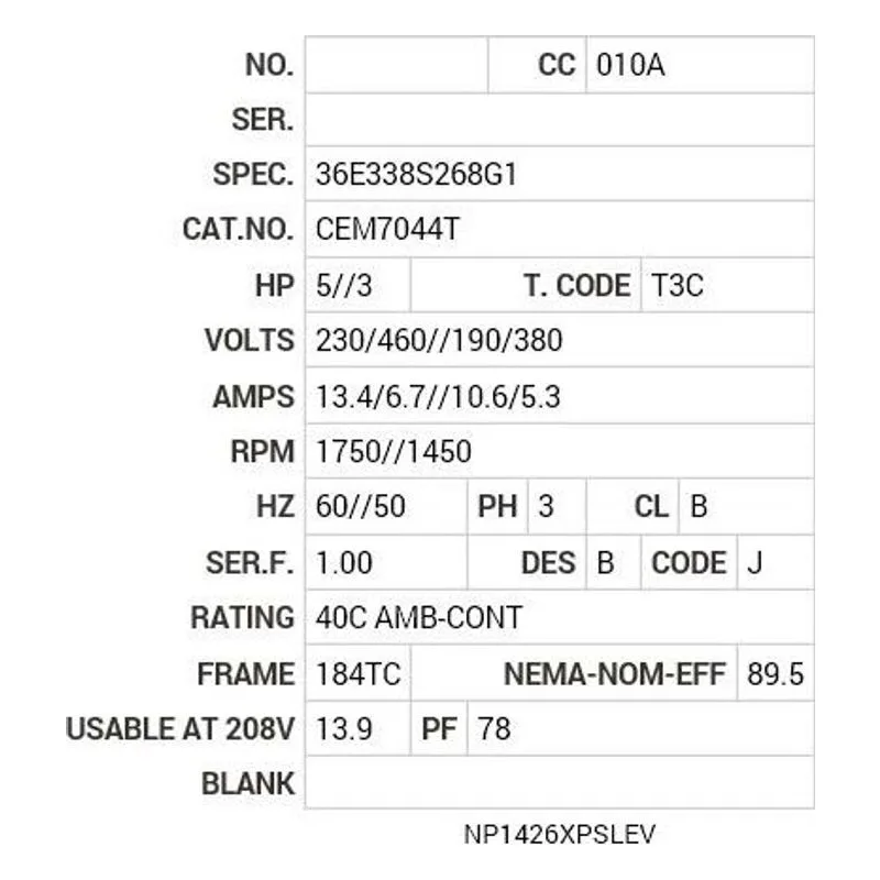 CEM7044T Baldor 5//3 HP, 1750//1450 RPM, 3 PH, 60//50 HZ, 184TC Motor Nameplate - view 2