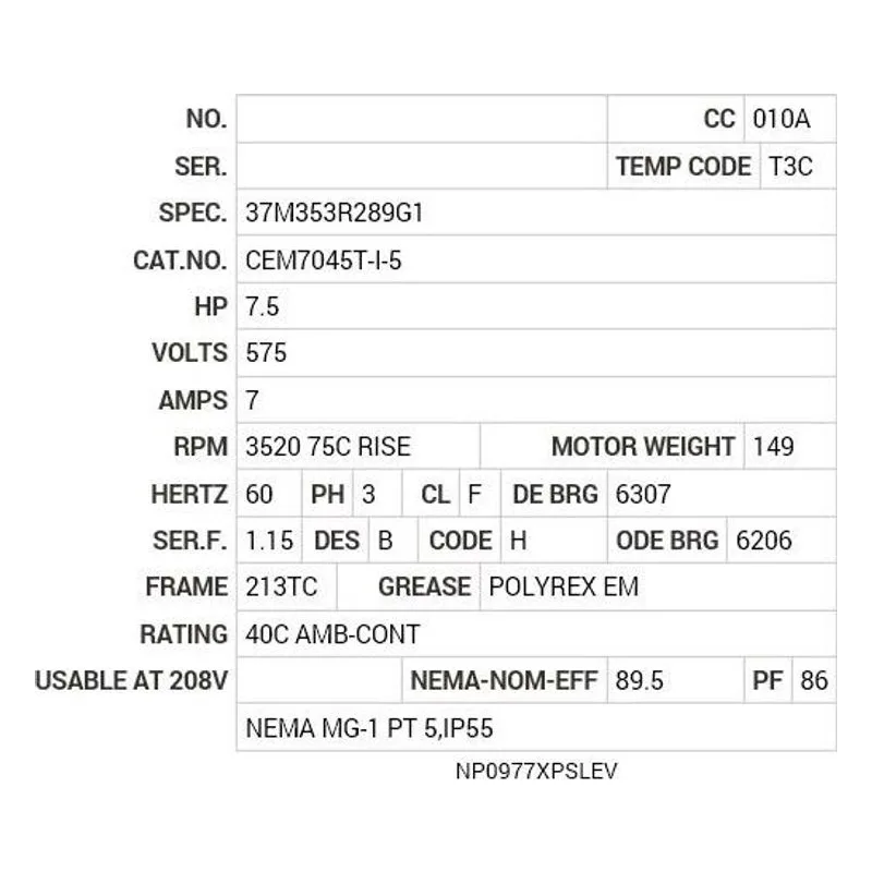 CEM7045T-I-5 Baldor 7.5 HP, 3520 RPM, 3 PH, 60 HZ, 213TC, 3728M, XPFC Motor Nameplate - view 2