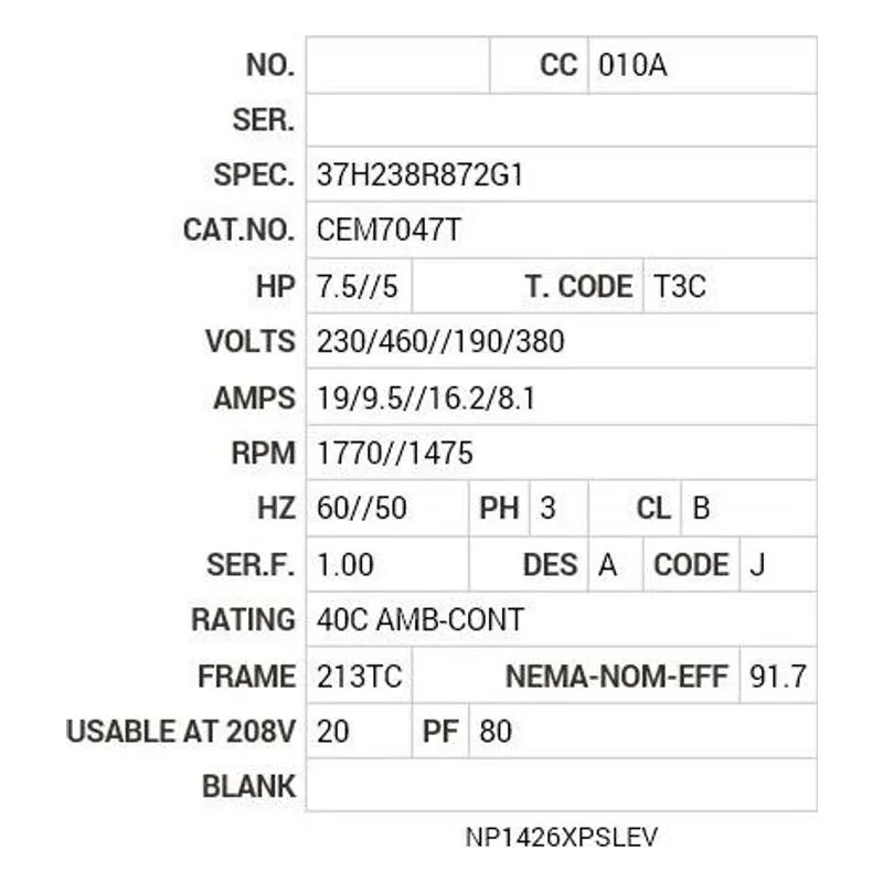 CEM7047T Baldor 7.5//5 HP, 1770//1475 RPM, 3 PH, 60//50 HZ, 213T Motor Nameplate - view 2