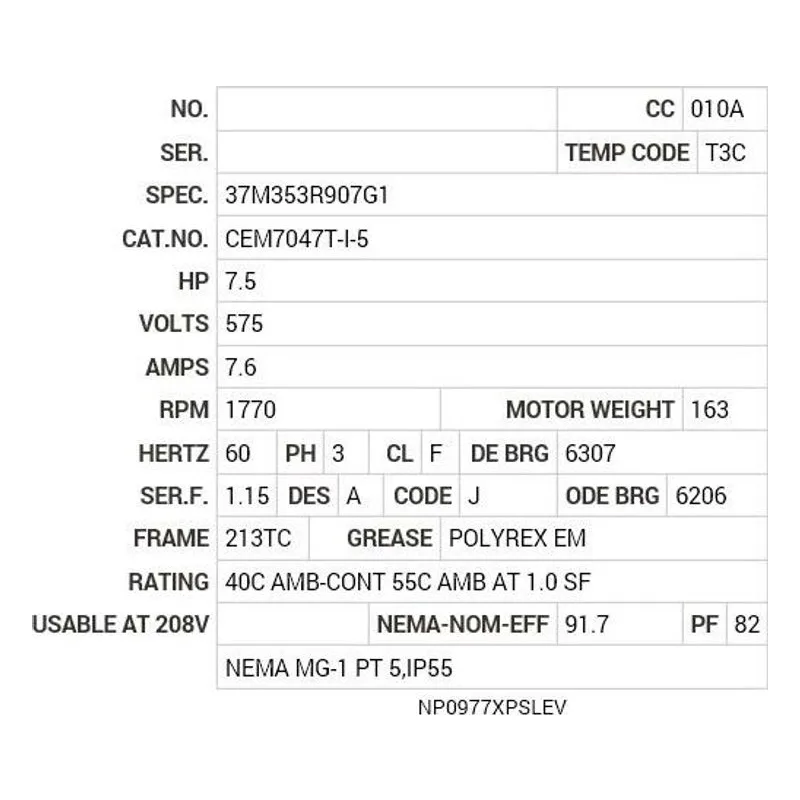CEM7047T-I-5 Baldor 7.5 HP, 1770 RPM, 3 PH, 60 HZ, 213TC, 3738M, XPFC Motor Nameplate - view 2
