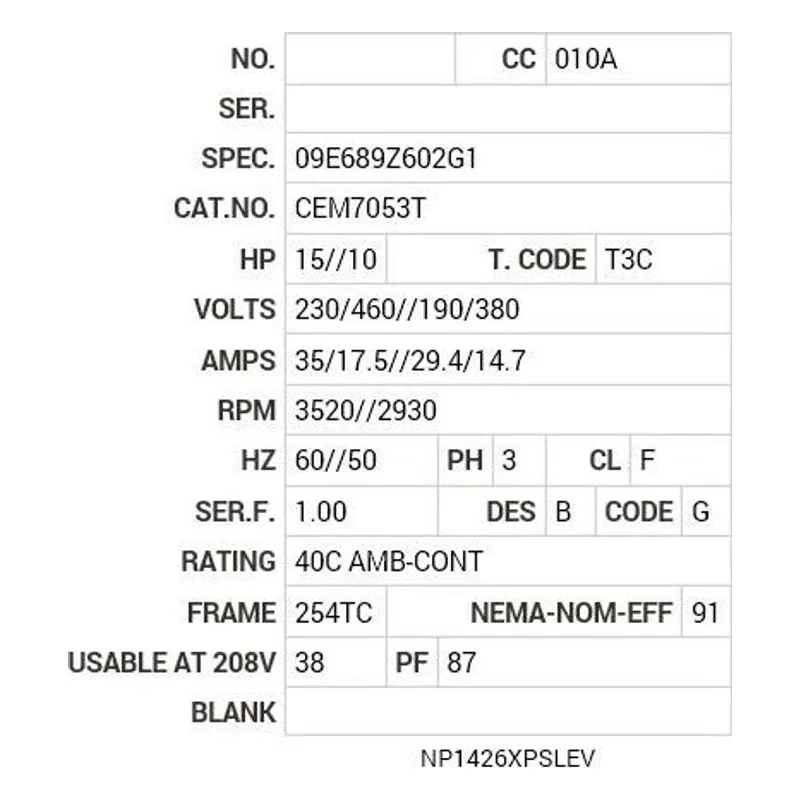 CEM7053T Baldor 15//10 HP, 3520//2930 RPM, 3 PH, 60//50 HZ, 254T Motor Nameplate - view 2