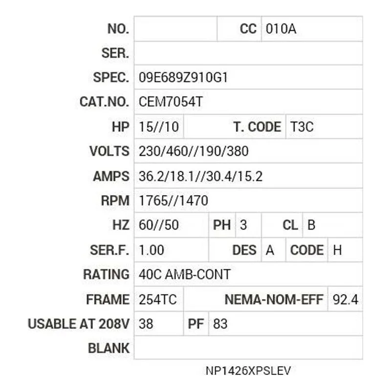 CEM7054T Baldor 15//10 HP, 1765//1470 RPM, 3 PH, 60//50 HZ, 254T Motor Nameplate - view 2