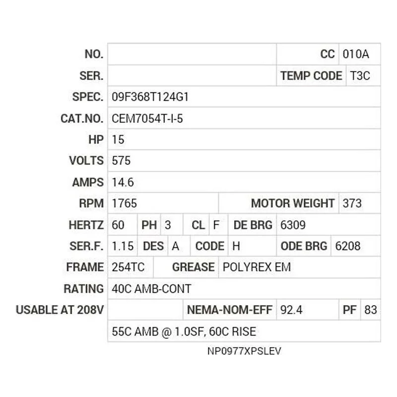 CEM7054T-I-5 Baldor 15 HP, 1765 RPM, 3 PH, 60 HZ, 254TC, 0944M, XPFC, F Motor Nameplate - view 2