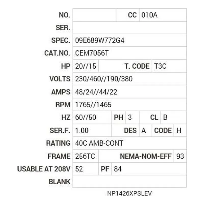 CEM7056T Baldor 20//15 HP, 1765//1465 RPM, 3 PH, 60//50 HZ, 256T Motor Nameplate - view 2