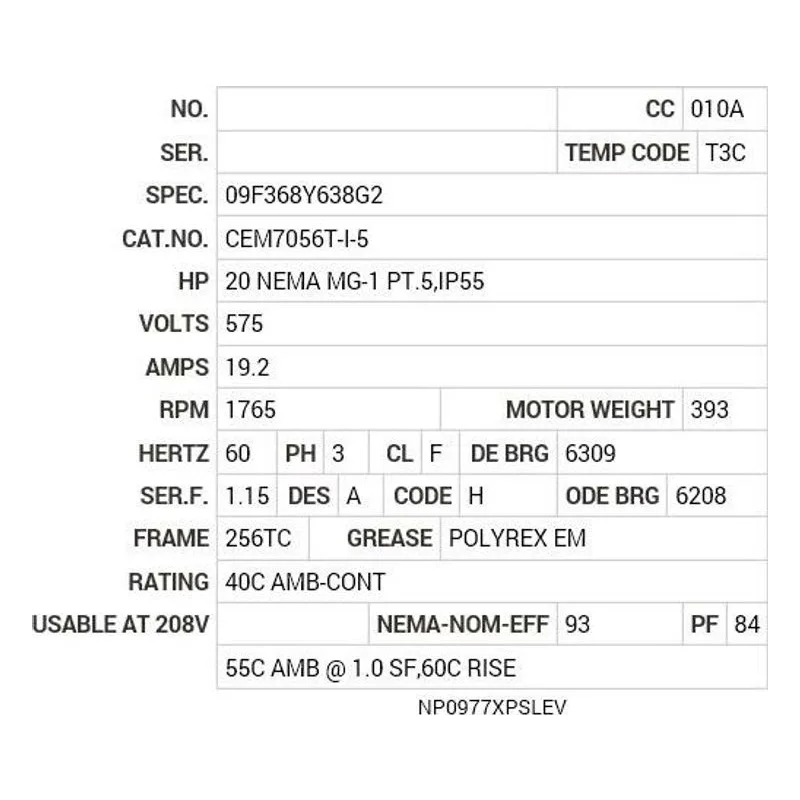CEM7056T-I-5 Baldor 20 HP, 1765 RPM, 3 PH, 60 HZ, 256TC, 0952M, XPFC, F Motor Nameplate - view 2