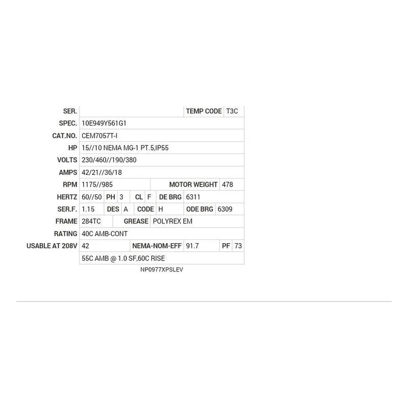 CEM7057T-I Baldor 15//10   NEMA MG-1 PT.5, IP55 HP, 1175//985 Motor Nameplate - view 2
