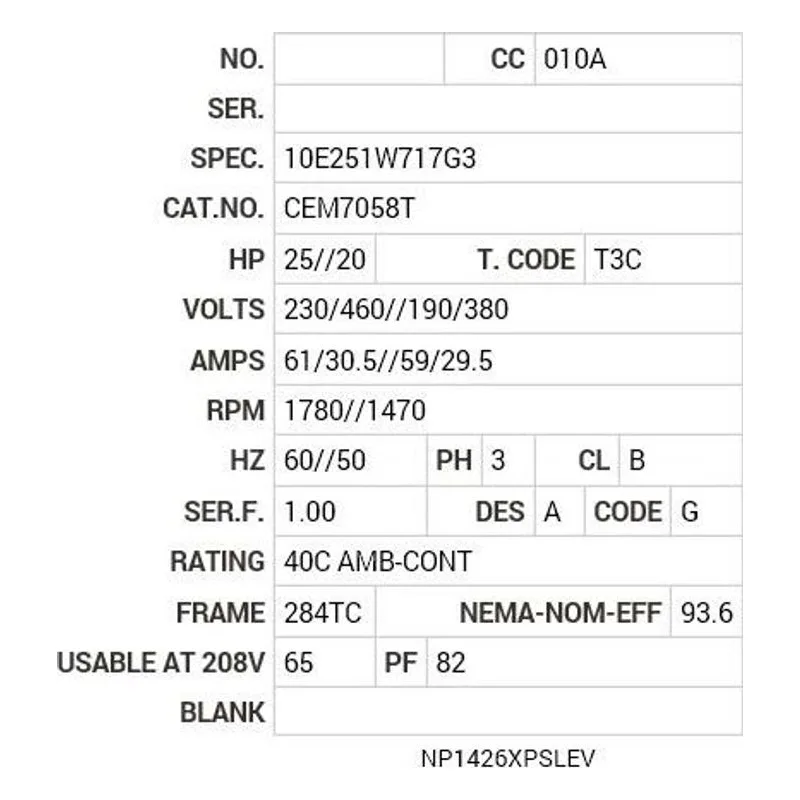CEM7058T Baldor 25//20 HP, 1780//1470 RPM, 3 PH, 60//50 HZ, 284T Motor Nameplate - view 2