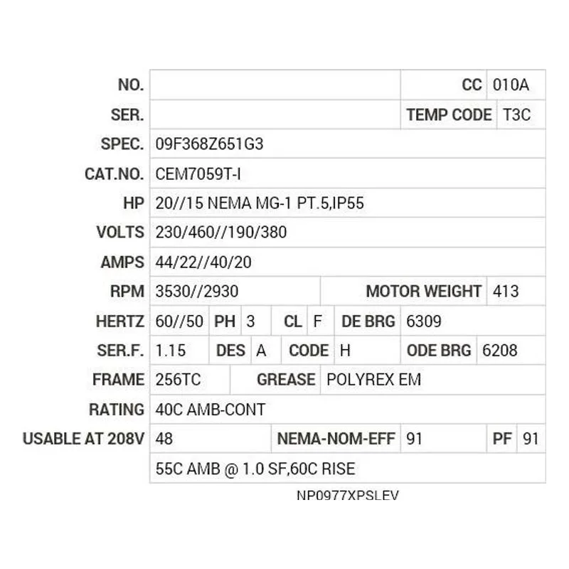 CEM7059T-I Baldor 15//20 HP, 2930//3530 RPM, 3 PH, 50//60 HZ, 256T Motor Nameplate - view 2