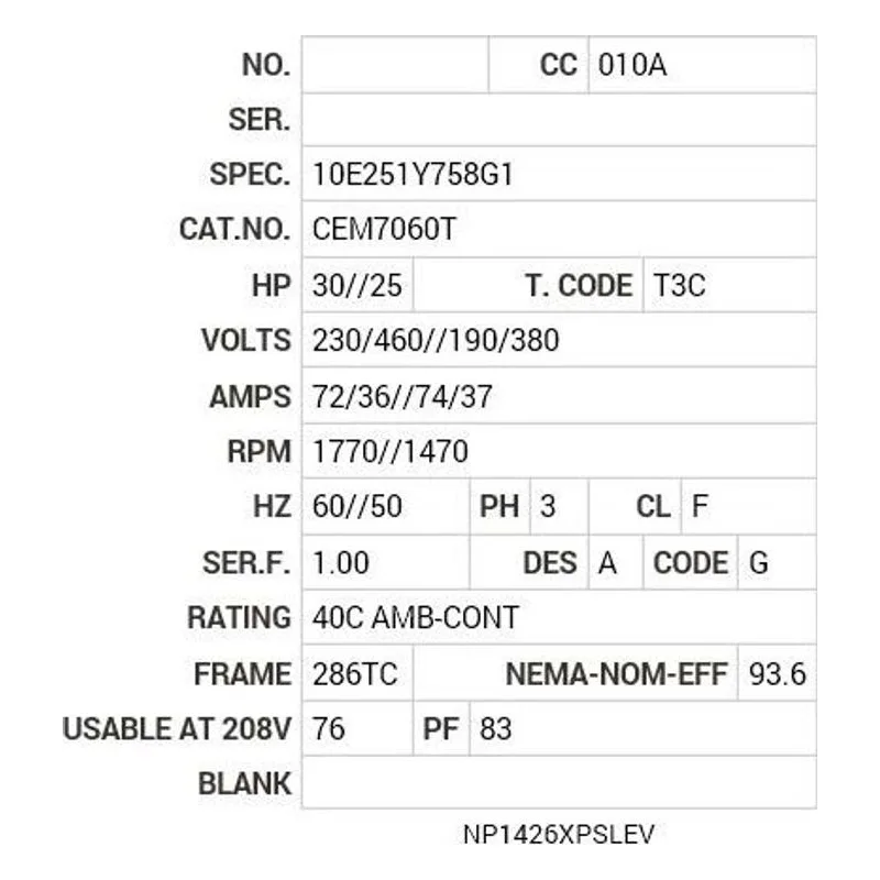 CEM7060T Baldor 30//25 HP, 1770//1470 RPM, 3 PH, 60//50 HZ, 286T Motor Nameplate - view 2