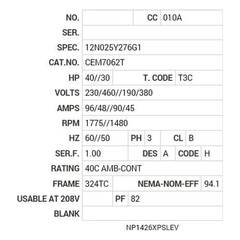 CEM7062T Baldor 40//30 HP, 1775//1480 RPM, 3 PH, 60//50 HZ, 324T Motor Nameplate - view 2