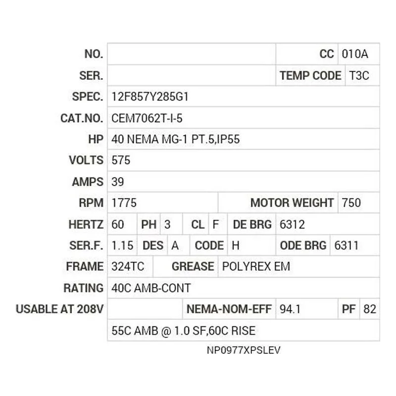 CEM7062T-I-5 Baldor 40 HP, 1775 RPM, 3 PH, 60 HZ, 324TC, 1254M, XPFC, F Motor Nameplate - view 2