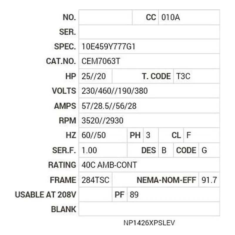 CEM7063T Baldor 25//20 HP, 3520//2930 RPM, 3 PH, 60//50 HZ, 284T Motor Nameplate - view 2