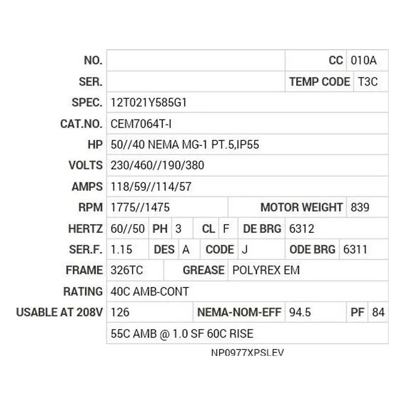 CEM7064T-I Baldor 50//40 HP, 1775//1475 RPM, 3 PH, 60//50 HZ, 326T Motor Nameplate - view 2